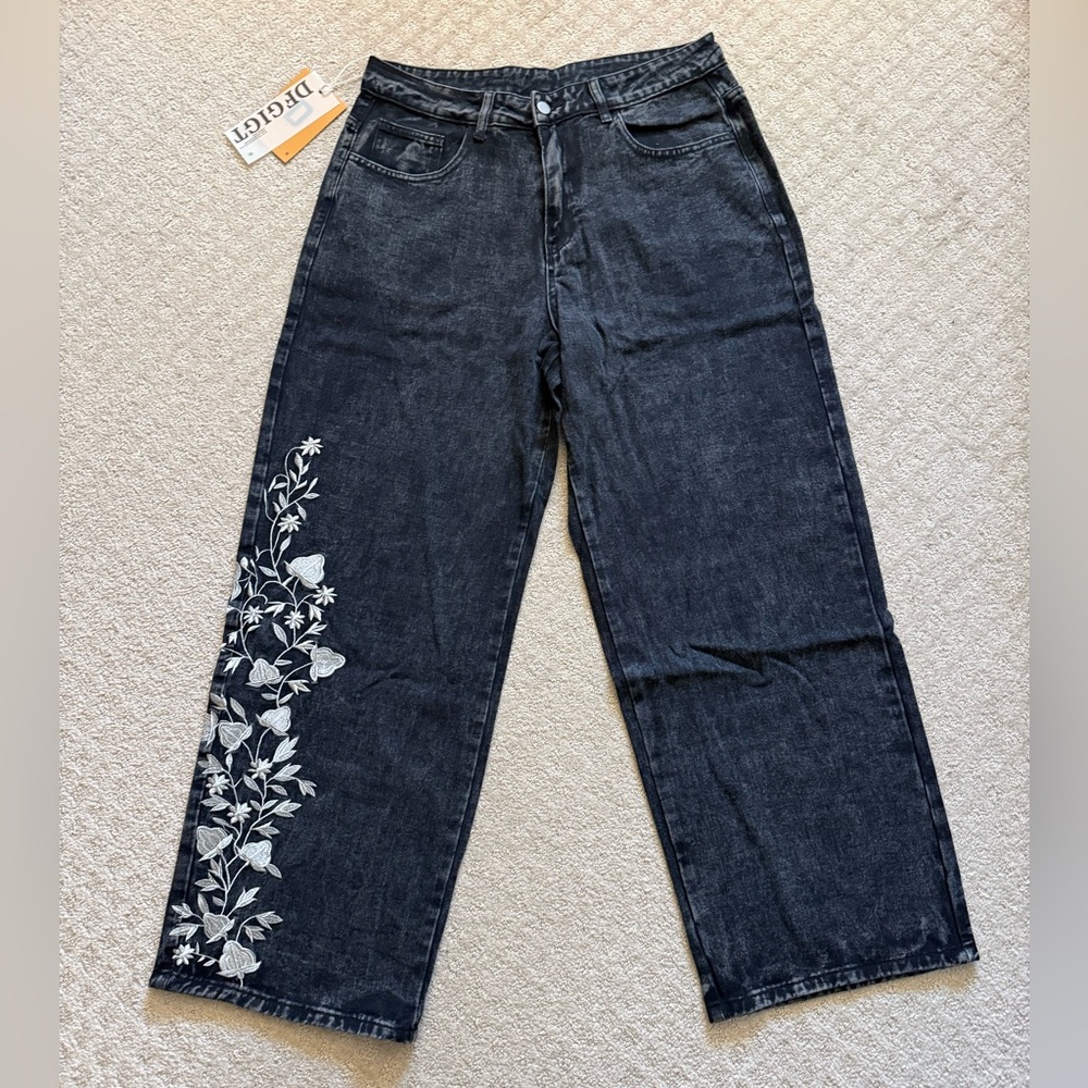 ✨NWT Embroidered Grey Wide-Leg Men’s Jeans Baggy Streetwear Hip Hop Skater LG